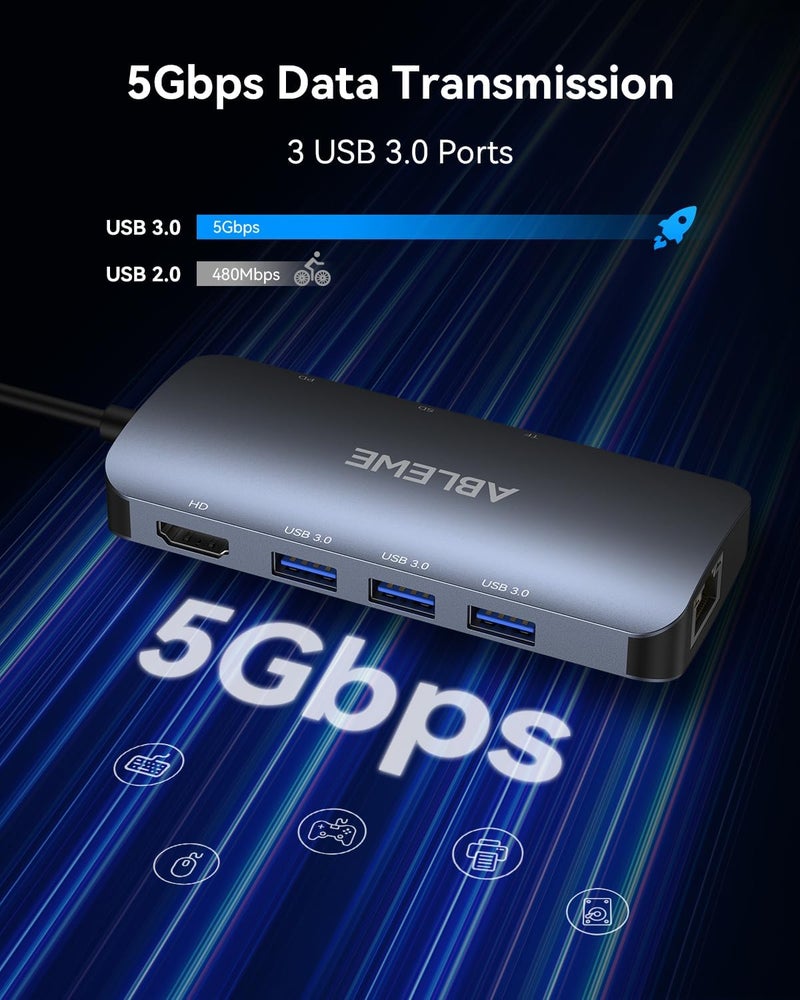 ABLEWE USB C Hub Ethernet, Multiport USB C to HDMI Hub, 8 in 1 4K@60Hz USBC Adapter,1000Mbps, 100W PD, 3 USB 3.0 Ports, Docking Station Compatible for MacBook, Tablet, Phone, Type C Devices - Image 4